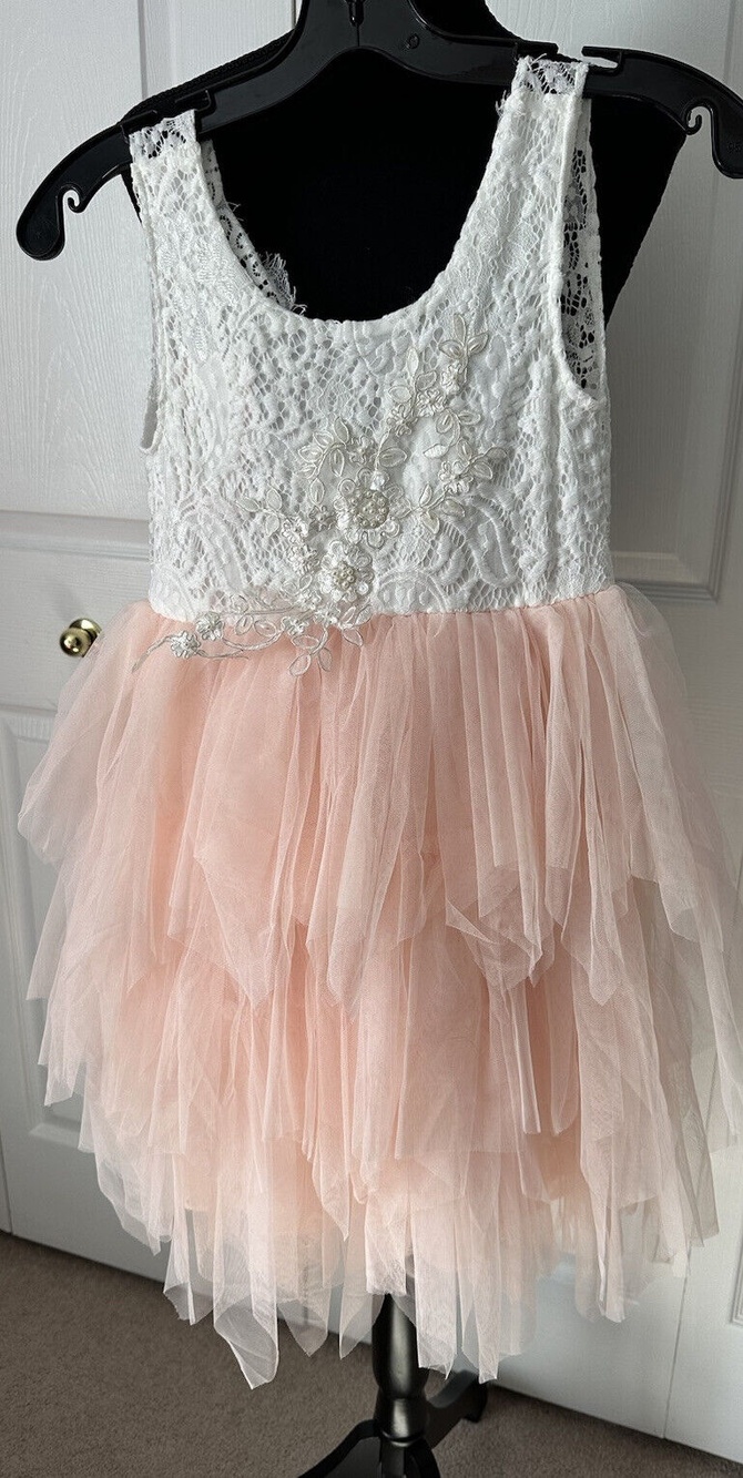 2BUNNIES Girls Sleeveless White Lace Top Sheet 3 Tiered Pink Dress NEW! Sz 9/10